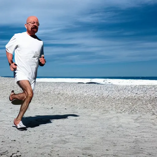 Image similar to Walter White running on the beach, artistic, 8k, cinematic