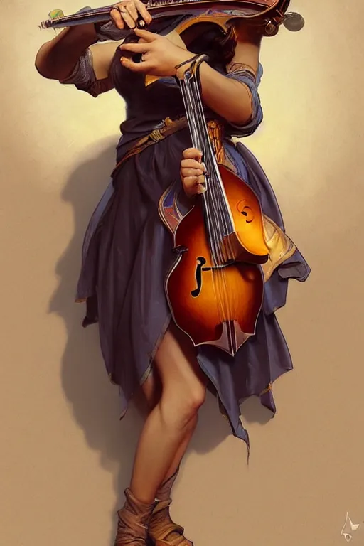 Image similar to beautiful bard holding a mandolin, accurate anatomy, only two hands, highly detailed, digital painting, artstation, concept art, smooth, sharp focus, illustration, Unreal Engine 5, 8K, art by Artgerm and greg rutkowski and alphonse Mucha