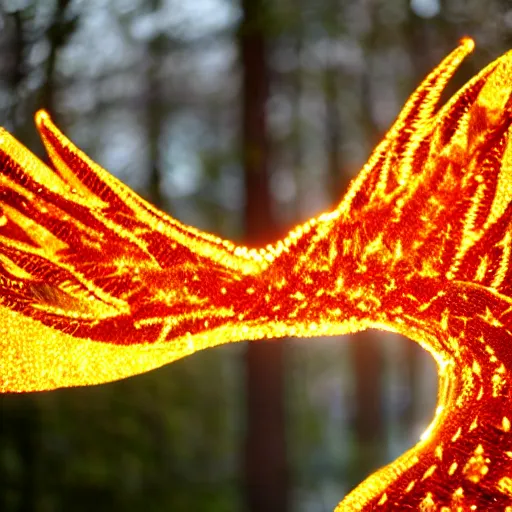 Image similar to Crown made of Bokeh on a head made of light on an angel with wings of fire standing on lava. Photo.