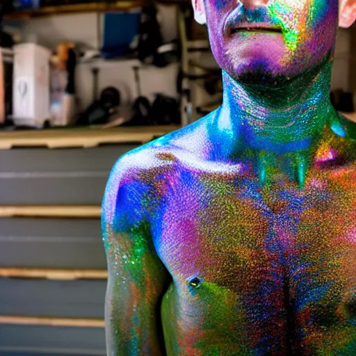 Image similar to a human standing in his garage, he is covered with iridescent bodypaint, his hair has shells and barnacles