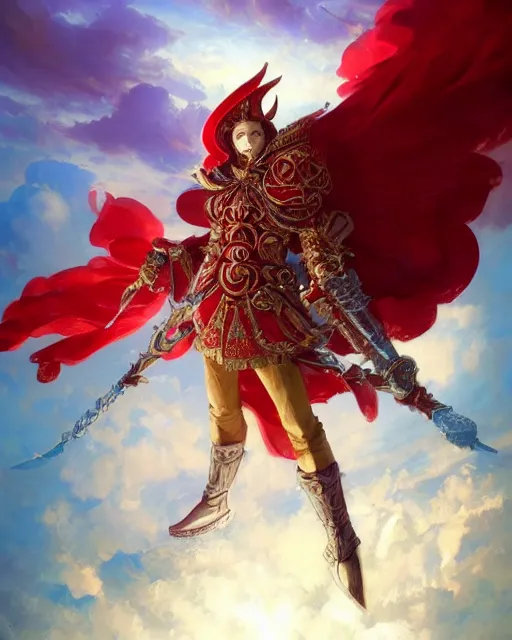 Image similar to A Full View of a Red Mage wearing magical ornate armor and a feathered hat surrounded by an epic cloudscape. Magus. Red Wizard. Fantasy Illustration. masterpiece. 4k digital illustration. by Ruan Jia and Mandy Jurgens and Artgerm and greg rutkowski and Alexander Tsaruk and WLOP and Range Murata, award winning, Artstation, art nouveau aesthetic, Alphonse Mucha background, intricate details, realistic, panoramic view, Hyperdetailed, 8k resolution, intricate art nouveau