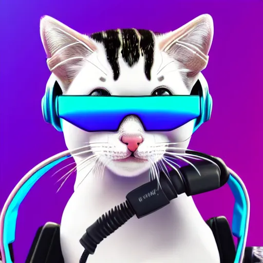 Image similar to A purple and white tabby kitten wearing futuristic headphones and cyberpunk shades with 2 otters in GTA V, stylized, fortnite style, 4K, clean