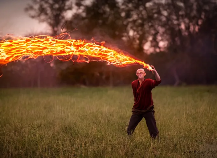 Image similar to squidward practicing firebending in an open field at susnset, 1 2 0 mm, dramatic lighting'