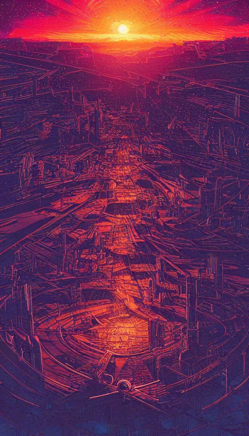 Prompt: The abandoned lands of the city under starlit sky at sunset, futurism, da vinci, Dan Mumford, Josan Gonzalez