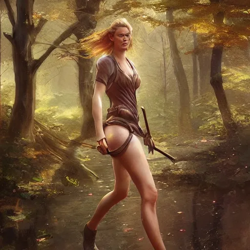 Image similar to rebecca romijn walking in the woods digital art by ruan jia and mandy jurgens and artgerm, highly detailed, trending on artstation, award winning