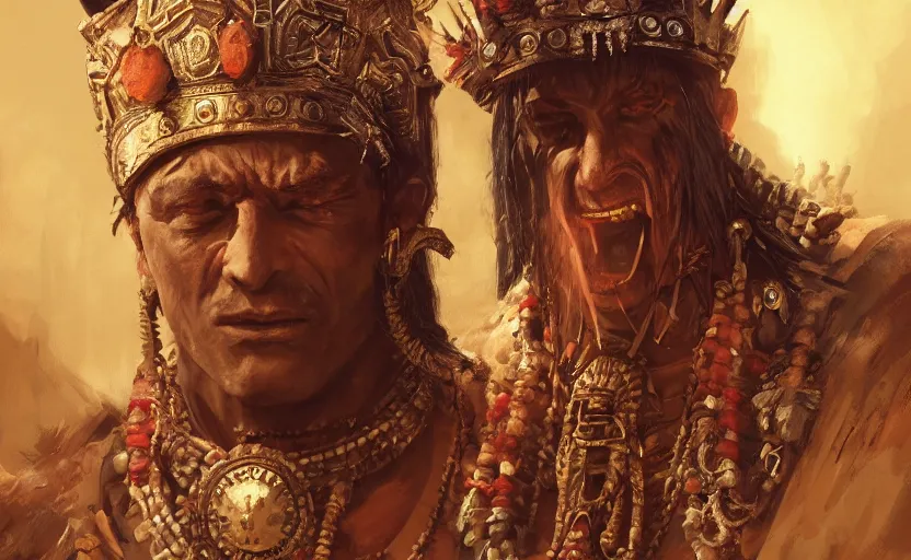 Prompt: aztec king being stoned by his people, game character concept art, close up high detailed, full perfect, detailed faces, symmetrical portrait, high detail, by craig mullins, peter mohrbacher, unreal engine, octane rendered, 8 k, dark beauty, trending on artstation