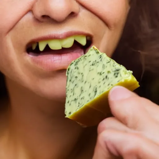 Prompt: closeup of a woman tasting a stinking old green cheese