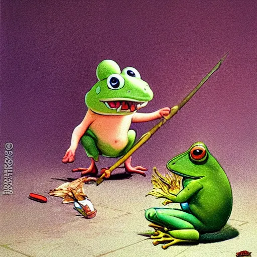 Image similar to Scary godlike fairy killing a frog, colorful , cel animation , extremely detailed masterpiece, illustration, by Michael Sowa