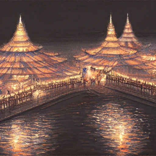 Image similar to concept art, river lanterns on the eve of ullambana festival, high resolution, by james gurney, king sejong, yi jeong, yi jing, artstation