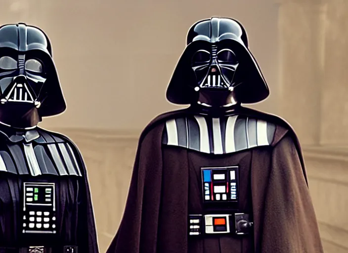 Prompt: a film still of cosplay of darth vader in the grand budapest hotel ( 2 0 1 4 )