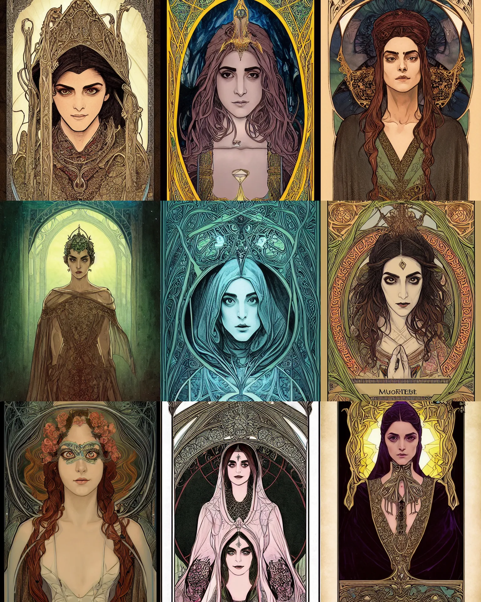 Prompt: masterpiece symmetrical centered bust-view portrait, Maya Ali as D&D sorcerer, single head, Neo-Gothic, Art Nouveau style, cell shaded, wizard robe, fantasy, delicate, elegant, in the style of Moebius and Mohrbacher and Alphonse Mucha and Charlie Bowater and Jean Delville, tarot card style, cinematic specular lighting, rich bright colours