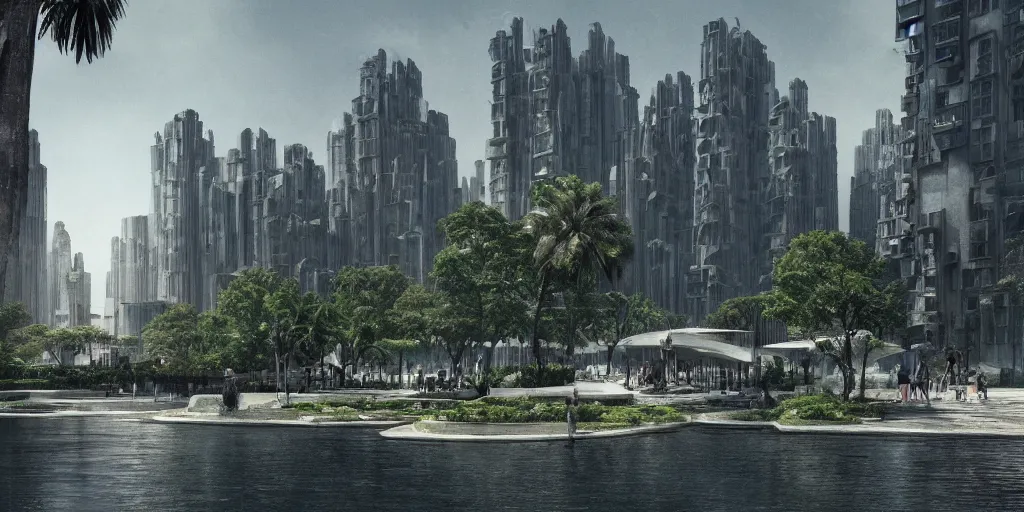 Image similar to city and temples in brutalism, gigantism, aad arab architectural style, but it is an oasis with trees and water, composition idea concept art for movies, style of denis villeneuve and greg fraiser