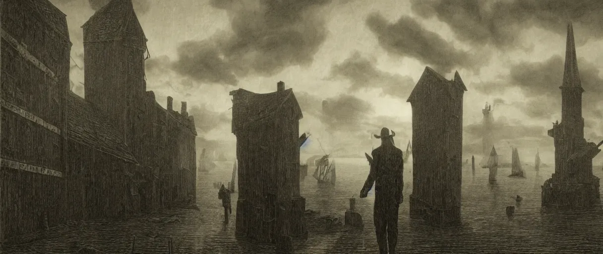 Image similar to an engraving of innsmouth dweller, lovecraftian atmosphere, mutant, fishman, caspar david friedrich, foggy, depth, strong shadows, stormclouds, illuminated focal point, highly detailed