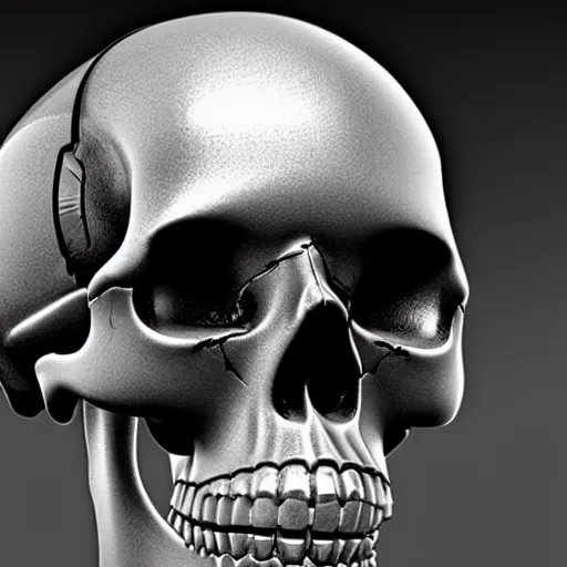 Image similar to a human skull with cybernetic hardware wrapped around it