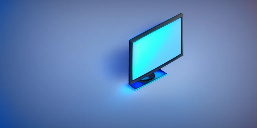 Prompt: an icon of a tv monitor in light blue metallic iridescent material, 3 d render isometric perspective on dark background