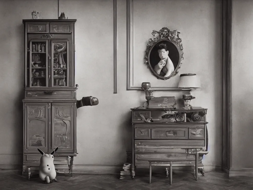 Image similar to old photography of pikachu in a victorian cabinet decor, man ray, alfred ghisoland, gregory crewdson, miss aniela, erwin olaf, 4 k