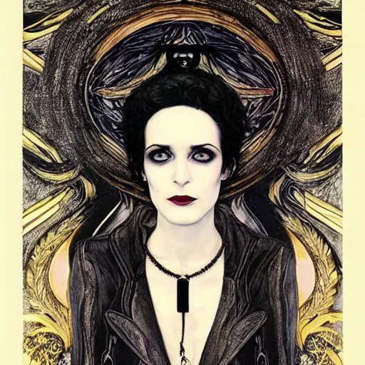 Image similar to death, a young and beautiful pale goth girl wearing a black vest and black punk hair, an ankh medallion hangs around her neck. the actress winona ryder, portrait by joshua middleton and gustav klimt, vertigo comic