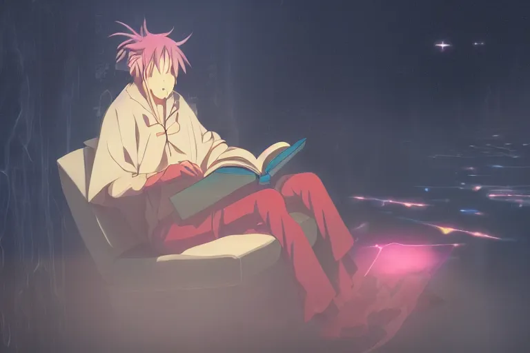 Image similar to an anime wizard reading a book on a cloud relaxing, misty, glows, digital art, hazy, foggy, ambient lighting, 8 k, neon, synthwave,