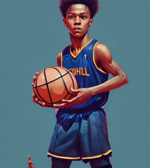 Prompt: portrait of a boy holding a basketball playing basketball wearing a basketball uniform in a basketball court, intricate, elegant, highly detailed, centered, digital painting, artstation, concept art, smooth, sharp focus, illustration, by Peter Mohrbacher, WLOP