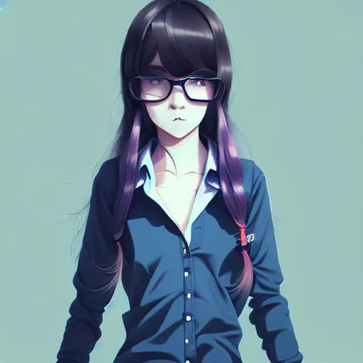 Image similar to urban school girl in shirt fanart, dark blue long hair, muted colors, matte print, pastel colors, ornate, digital art, cute smile, digital painting, fan art, elegant, pixiv, by Ilya Kuvshinov, by Studio Ghibli