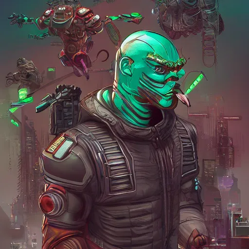 Image similar to cyberpunk anfas pepe, artstation, marvel, hyper detailed, muscles, transformers