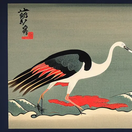 Image similar to 鶴 crane, in the style of hokusai, ukiyo-e