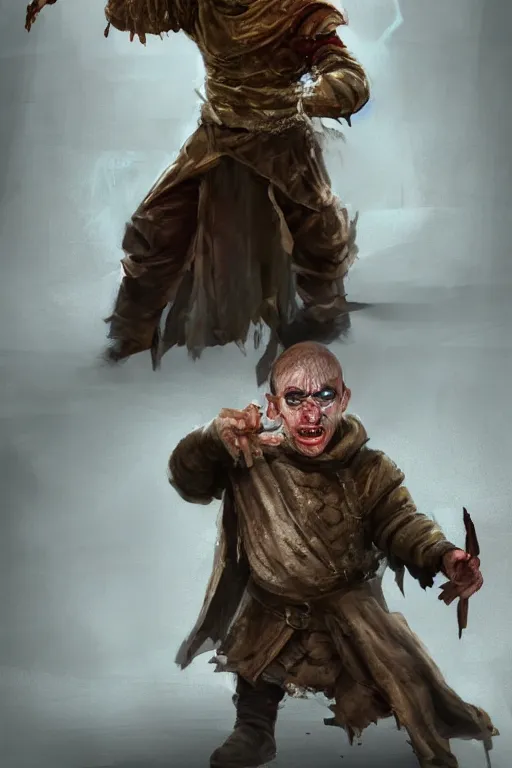 Image similar to A deranged tiny filthy halfling looking like Willem Dafoe wearing long dark damaged ripped robes showing a magic paper scroll, camera looking down upon, long fingernails, unclipped fingernails, sharp fingernails, focus on face, sharp focus, digital painting, trending on artstation, concept art, fantasy, medieval