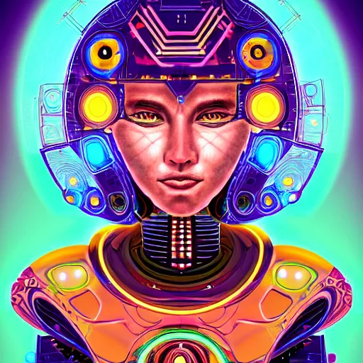 Prompt: portrait of a future metaverse cyborg tech shaman warrior, 2D cartoon, visionary art, symmetric, Magick symbols, holy halo, shipibo patterns, sci-fi, concept art, trending on art station