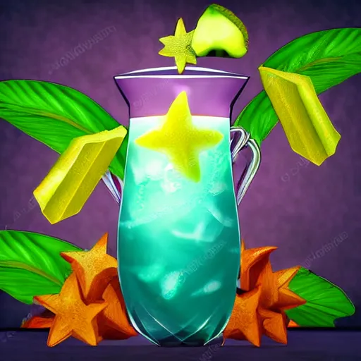 Image similar to tropical drink with starfruit, anime digital painting 3d render