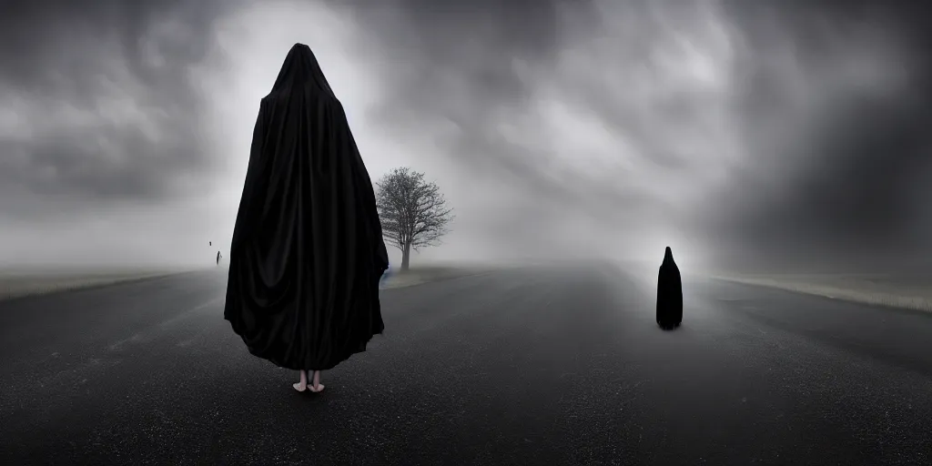 Prompt: center frame gigantic black silk gown skeletal angel of death visiting the Village, walking on the road in housing area, megalophobia, horror, fog, foster, highly detailed, one house, fear, dark inside, dark mammatus cloud,hyper realistic, atmospheric lighting, beksinski, 4k canon 5d mk4,