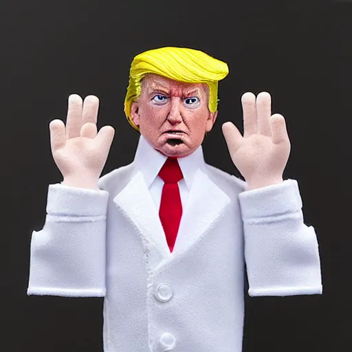 Image similar to Donald Trump realistic finger puppet, wide lens, diorama, 4k,