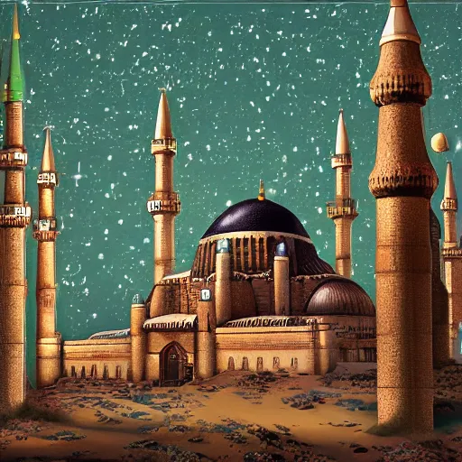 Image similar to ottoman sultanate space base, minarets, in space with stars glittering in the background, pulp science fiction illustration