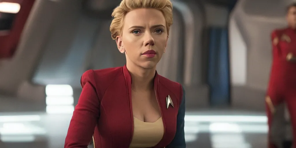 Image similar to incredible wide screenshot, Scarlett Johansson is captain of the Enterprise in the new Star Trek movie