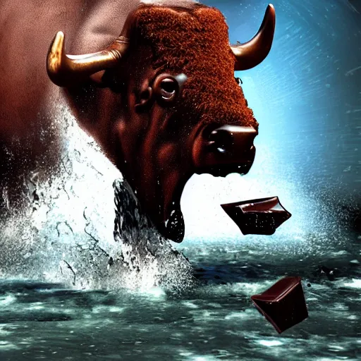 Prompt: A waterfall of liquid chocolate falling into the mouth of an enraged cyborg water buffalo, realistic, detailed, photograph, nature, future, cyberpunk n-6