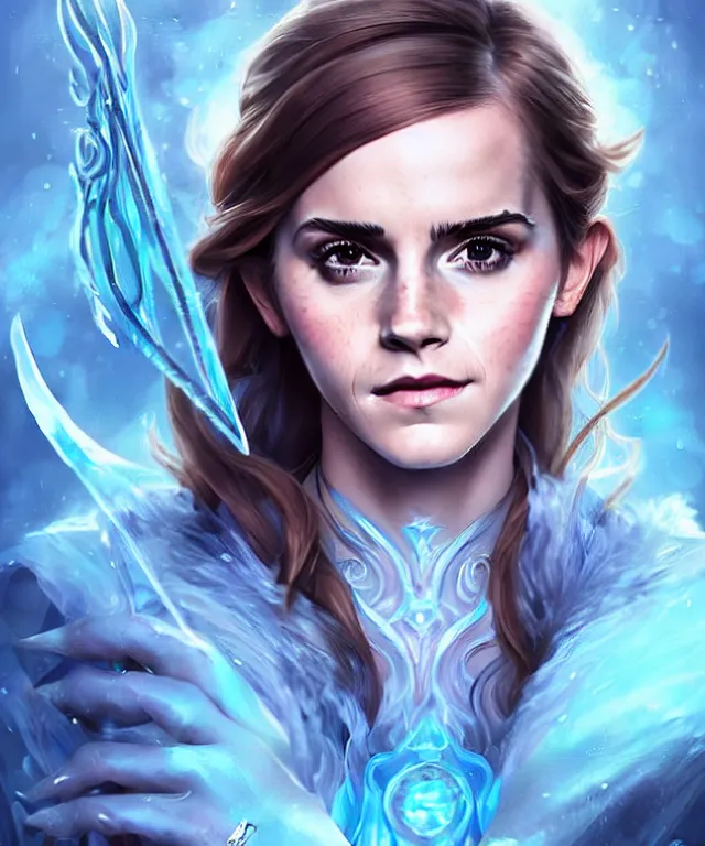 Prompt: Emma Watson as a ice magician, crystal maiden from dota 2, sci-fi, amber eyes, face, long hair, fantasy, intricate, elegant, highly detailed, digital painting, artstation, concept art, smooth, sharp focus, illustration, art by artgerm and greg rutkowski and alphonse mucha