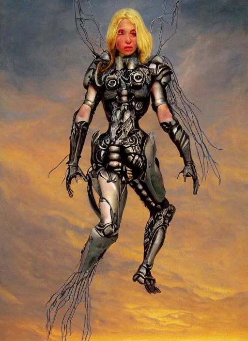 Prompt: a biblical diabolical beautiful female cyborg girl, long hair on the wind, adaptive armor, dynamic pose, heavy eyes to the side, art gallery, glowing veins and cracks, in clouds, sunset, portrait, by gerald brom, by mikhail vrubel, by peter elson, muted colors, extreme detail, reflections, trending on artstation, 8 k