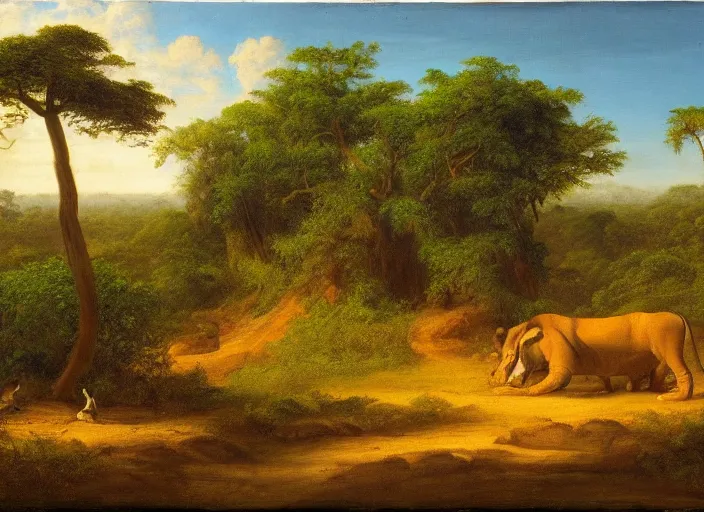 Image similar to the border of the jungle and the savannah in africa in the style of hudson river school of art, oil on canvas