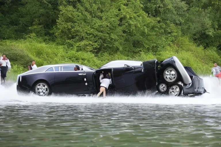 Prompt: Group of teenagers push Rolls-Royce into lake