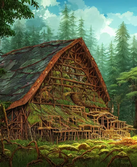 Prompt: a mammoth schoolhouse made from leaves, overgrown with huge exotic fungus, deep in the woods, noon, sun drenched, partly cloudy, by dan mumford, yusuke murata, makoto shinkai, ross tran, cinematic, unreal engine, cel shaded, featured on artstation, pixiv