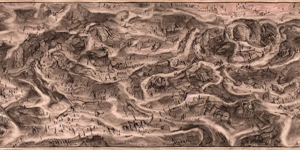 Prompt: a detailed map of dante's inferno map of hell by somnium - maris, c. w. scott - gilles, soft pink glow, dramatic lighting