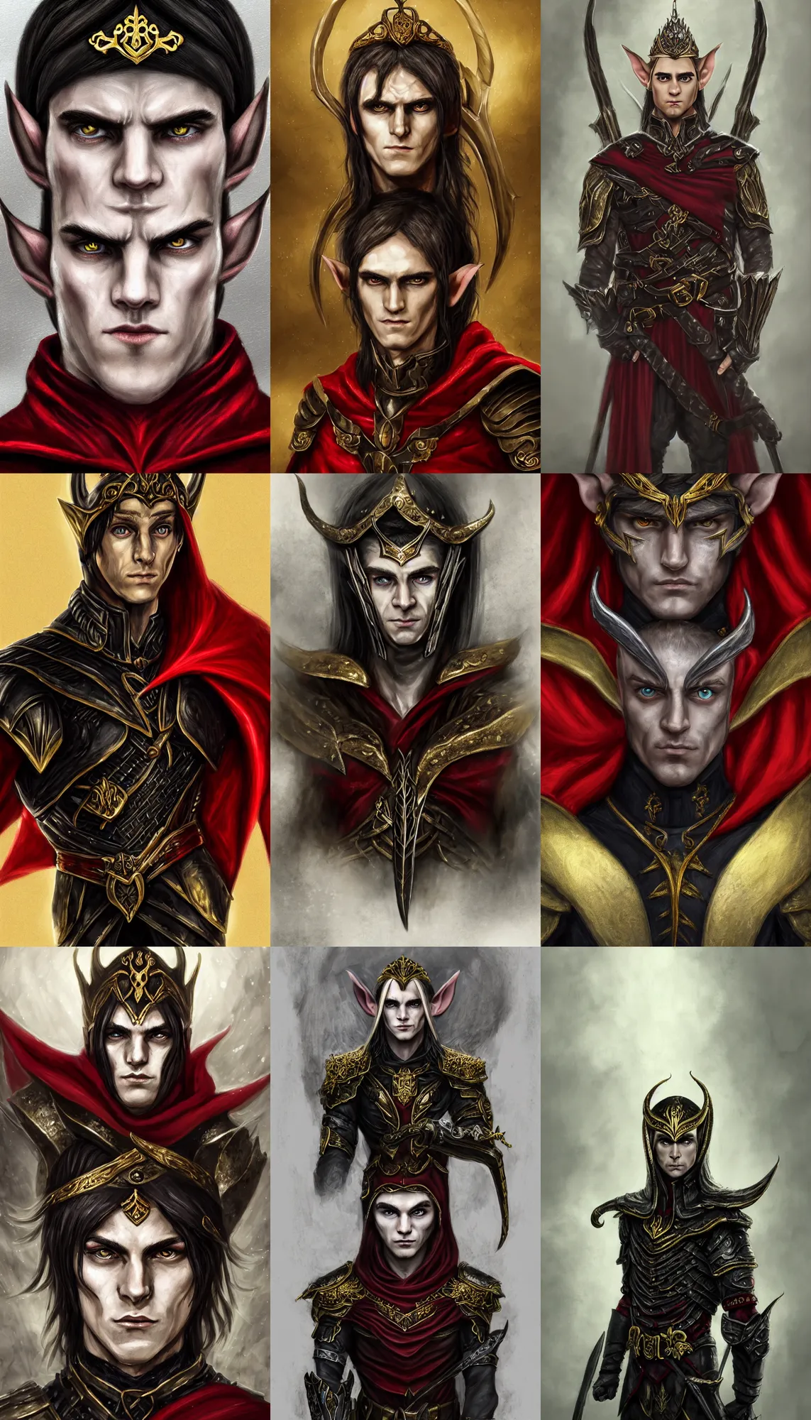 Prompt: A portrait of an elf, he is about 20 years old, red eyes, lean and muscular, attractive, military composure, royalty, smug look | he is wearing a black metal tiara, black heavy armor with gold plating, and a red cape | highly detailed portrait, digital painting, illustration, smooth, sharp focus, ArtStation, ArtStation HQ.