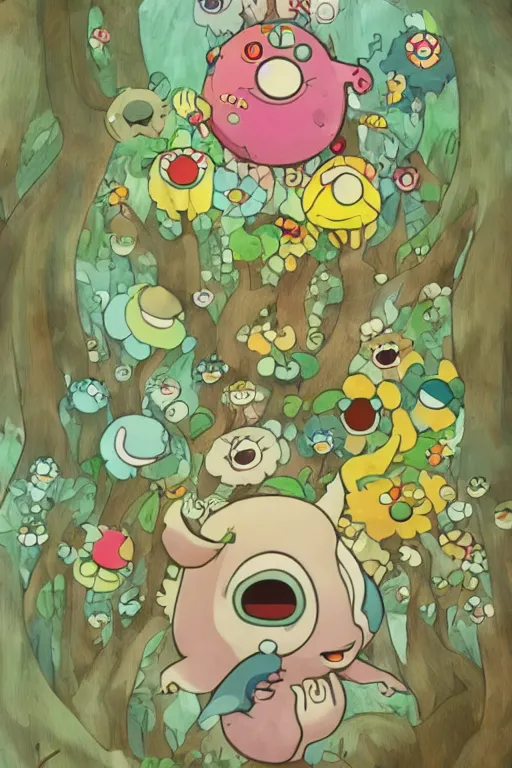 Image similar to A cute little monster in a misty forest art style by Takashi Murakami, Trending on artstation, artstationHD, artstationHQ, 4k, 8k