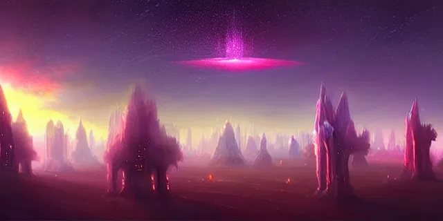 Image similar to a fleet of giant glowing futuristic crystal cubes in the sky, a fantasy magical landscape seen in the distance, atmospheric lighting, intricate, volumetric lighting, beautiful, sharp focus, ultra detailed, in the art style of marc simonetti, bowater charlie and brom gerald, astrophotography