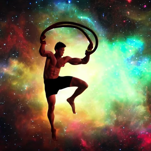 Prompt: athletic man doing a pullup using gymnastic rings, in a cosmic nebula background, dramatic lighting, dramatic digital art trending on artstation