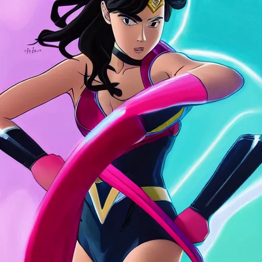 Image similar to a moderne painting of gal gadot as the pink power ranger in the style of makoto shinkai, and in the style of akira toriyama. sharp focus, semi - realism, intricate detail.