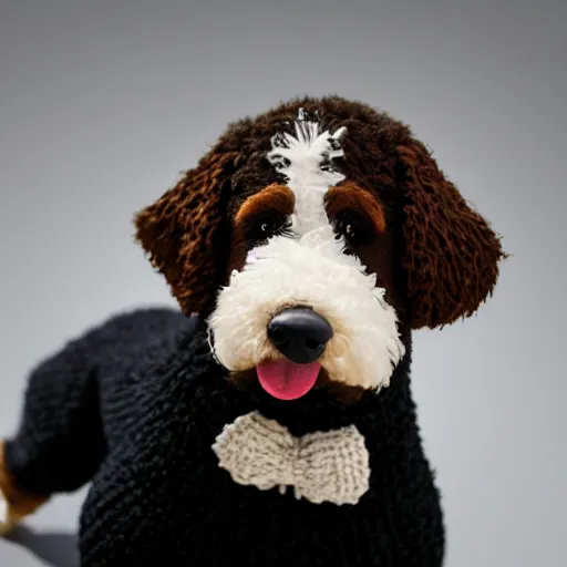 Image similar to a closeup photorealistic photograph of a cute smiling knitted bernedoodle judge dog dressed in a black gown, presiding over the courthouse. indoors, professional capture, well lit shot. this 4 k hd image is trending on artstation, featured on behance, well - rendered, extra crisp, features intricate detail, epic composition and the style of unreal engine.