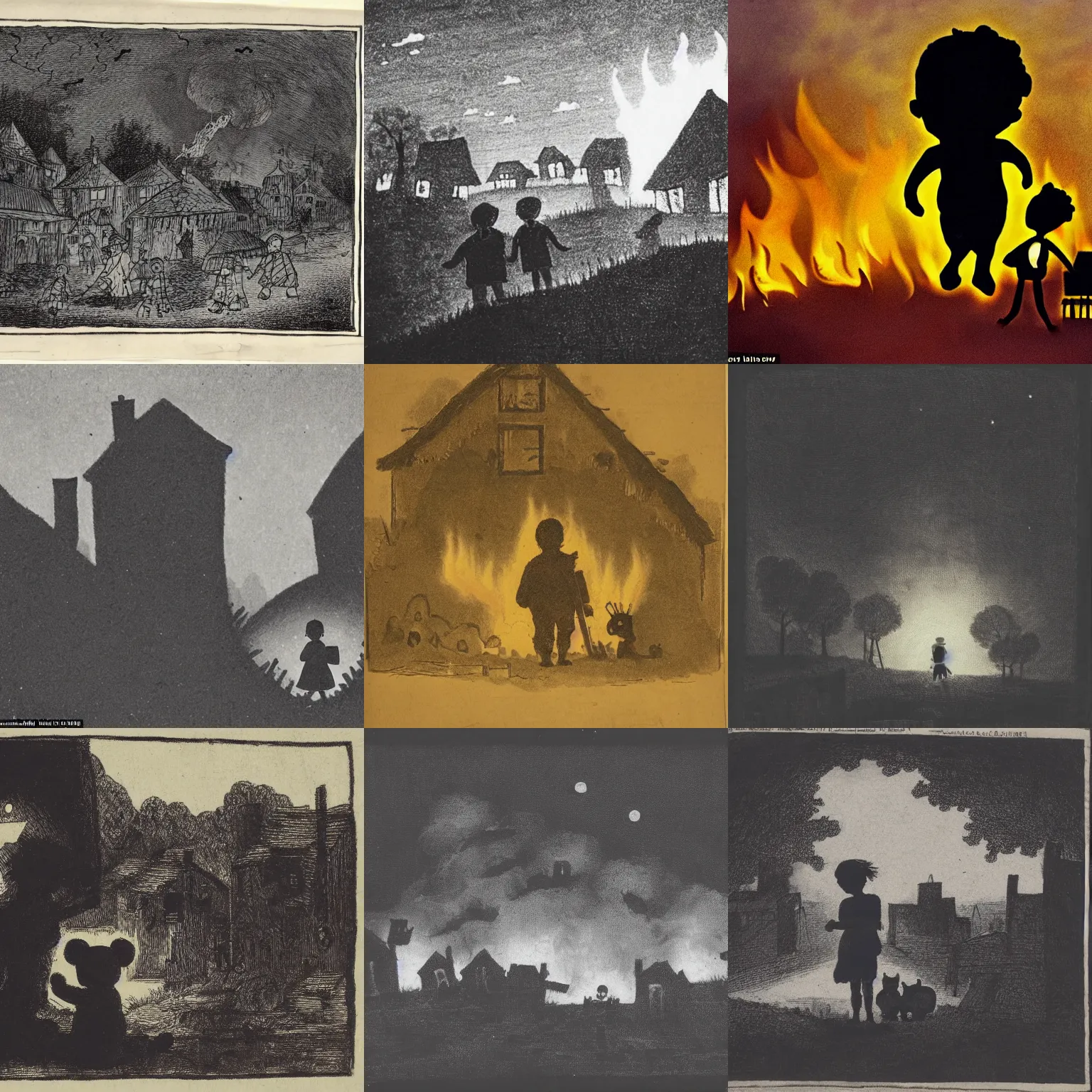 Prompt: a village burning from a raid, with a silhouette child holding a teddy bear looking forlornly, during night, tragic