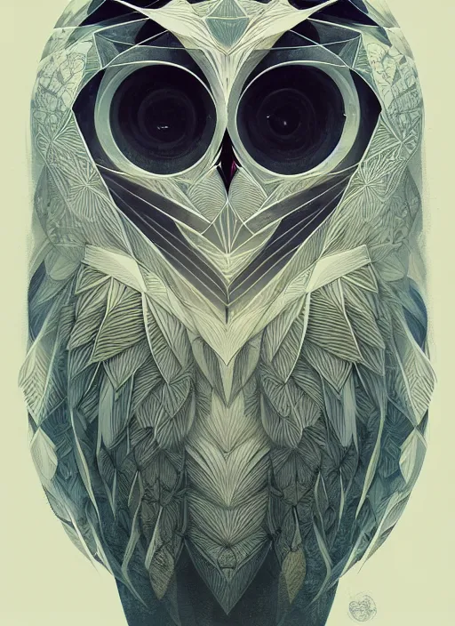 Image similar to portrait of a geometric owl, identical eyes, medium shot, illustration, full body made of white feathers, symmetrical, art stand, super detailed, cinematic lighting, and its detailed and intricate, gorgeous, by peter mohrbacher