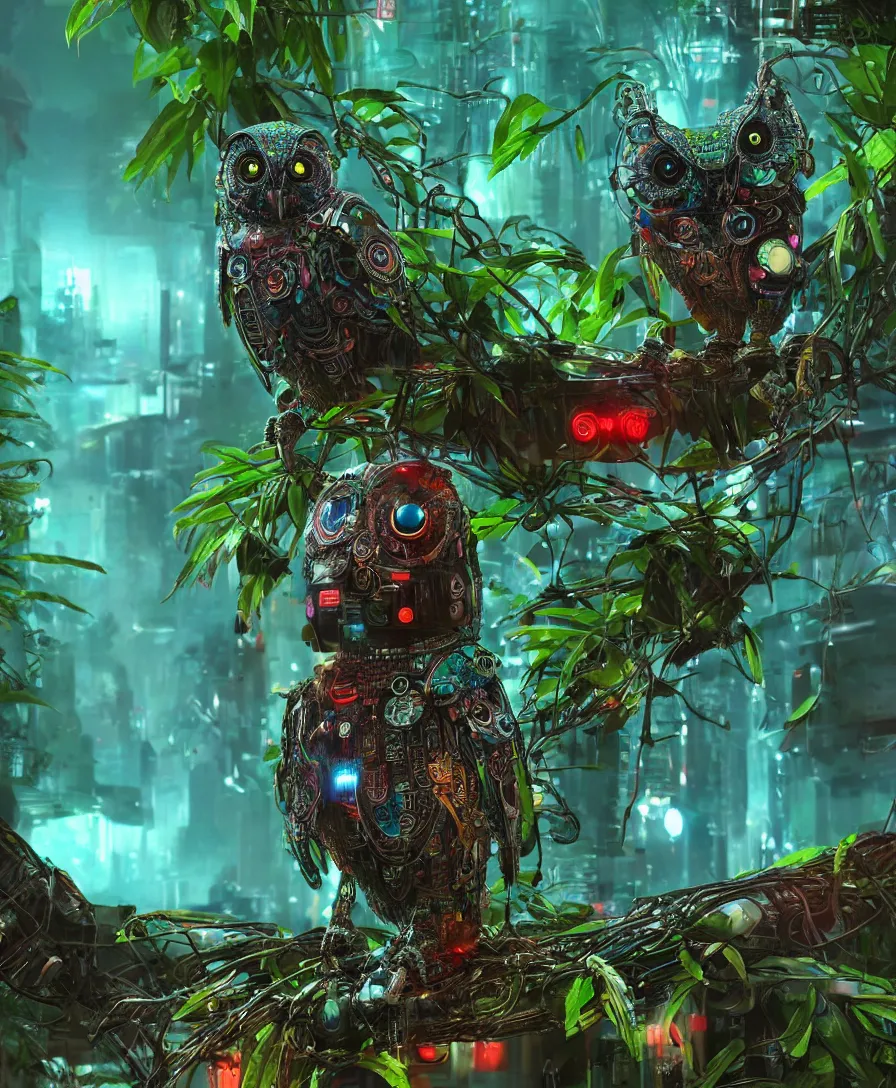 Prompt: beautiful small cyberpunk robot-owl in the deep jungle, with neon color eyes, cinematic view, 8k, ultra realistic, vibrant colors, photo realism, trending artstation, octane render, volumetric lighting, high contrast, intricate, highly detailed, digital painting