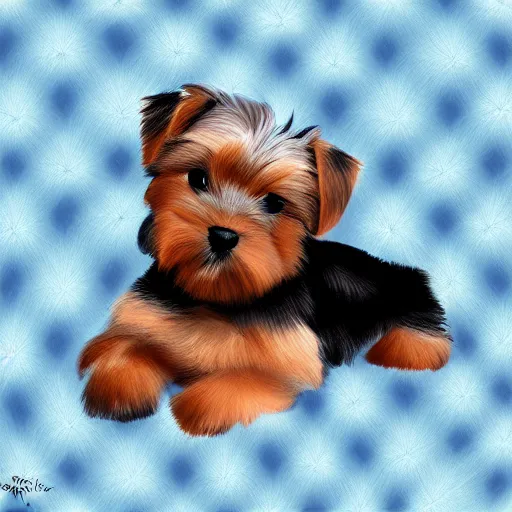 Prompt: digital painting of a cute adorable yorkie puppy asleep on a soft white blanket